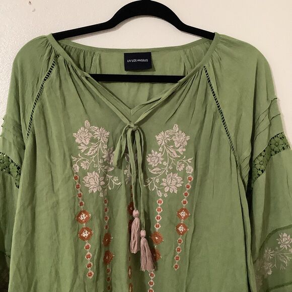 Green Bohemian Hippie Boho Renaissance Fair Cottagecore Fairy Peasant Blouse XL - Picture 2 of 7